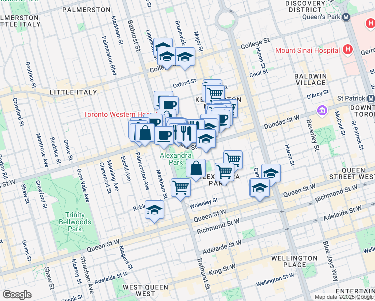 map of restaurants, bars, coffee shops, grocery stores, and more near 707 Dundas Street West in Toronto