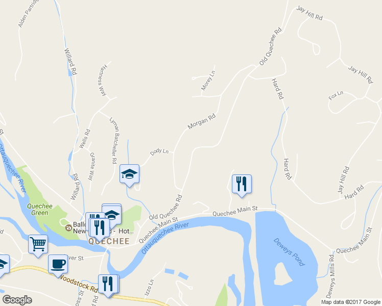 map of restaurants, bars, coffee shops, grocery stores, and more near 490 Old Quechee Road in Hartford