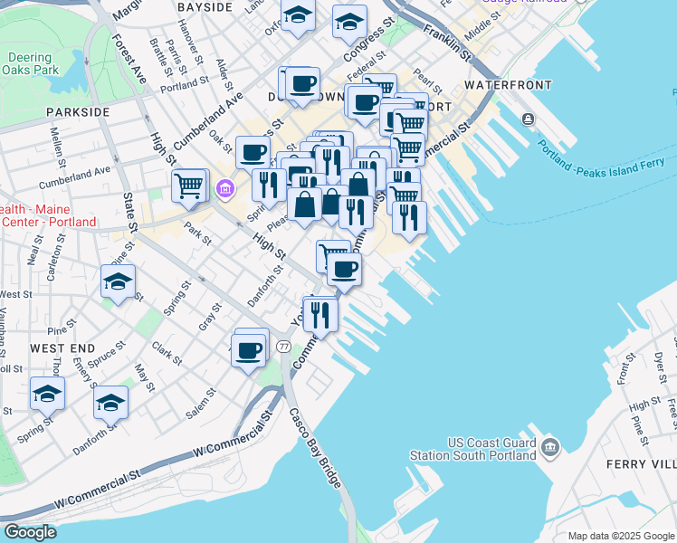 map of restaurants, bars, coffee shops, grocery stores, and more near 383 Commercial Street in Portland