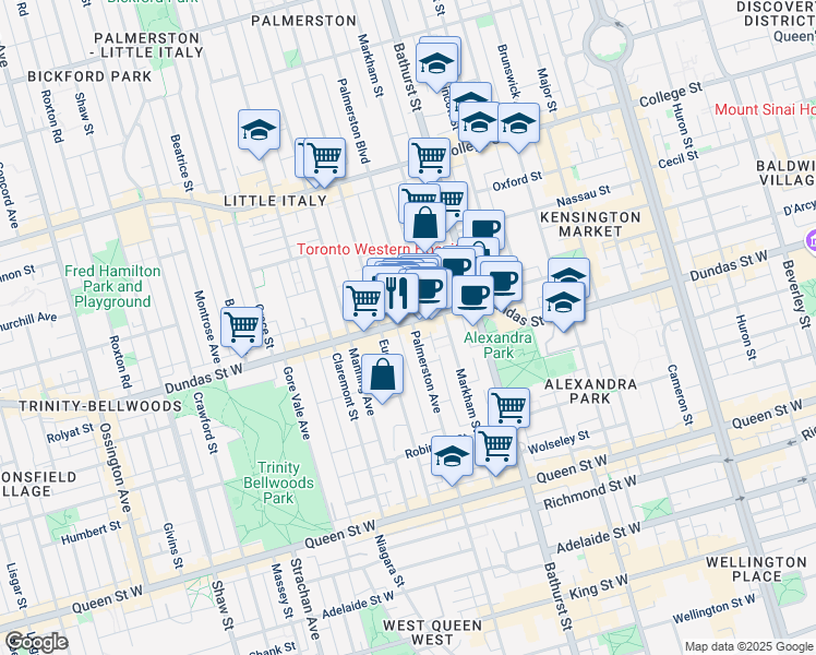 map of restaurants, bars, coffee shops, grocery stores, and more near 808 Dundas Street West in Toronto