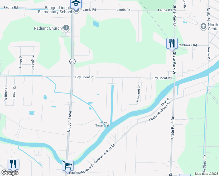 map of restaurants, bars, coffee shops, grocery stores, and more near 3031 West Riverview Drive in Bay City