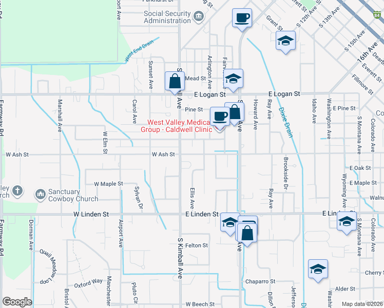 map of restaurants, bars, coffee shops, grocery stores, and more near 202 East Ash Street in Caldwell