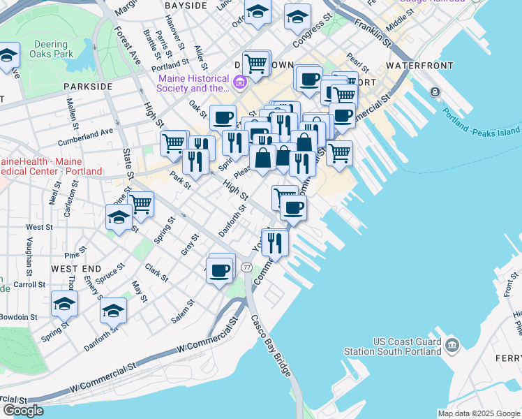 map of restaurants, bars, coffee shops, grocery stores, and more near 27 High Street in Portland
