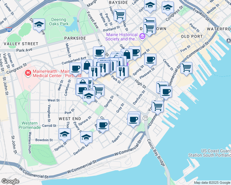 map of restaurants, bars, coffee shops, grocery stores, and more near 144 State Street in Portland