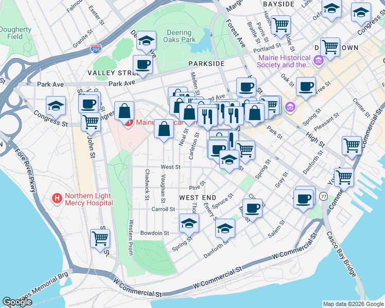 map of restaurants, bars, coffee shops, grocery stores, and more near 43 Carleton Street in Portland