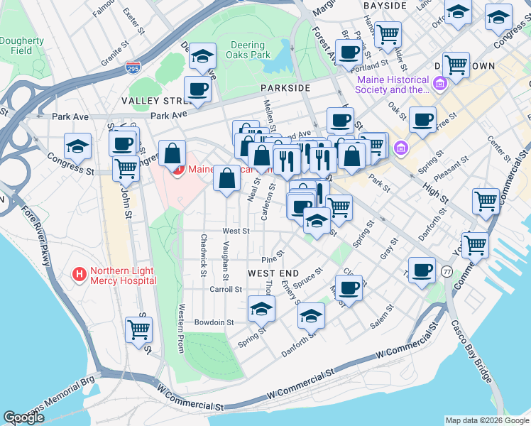 map of restaurants, bars, coffee shops, grocery stores, and more near 43 Carleton Street in Portland