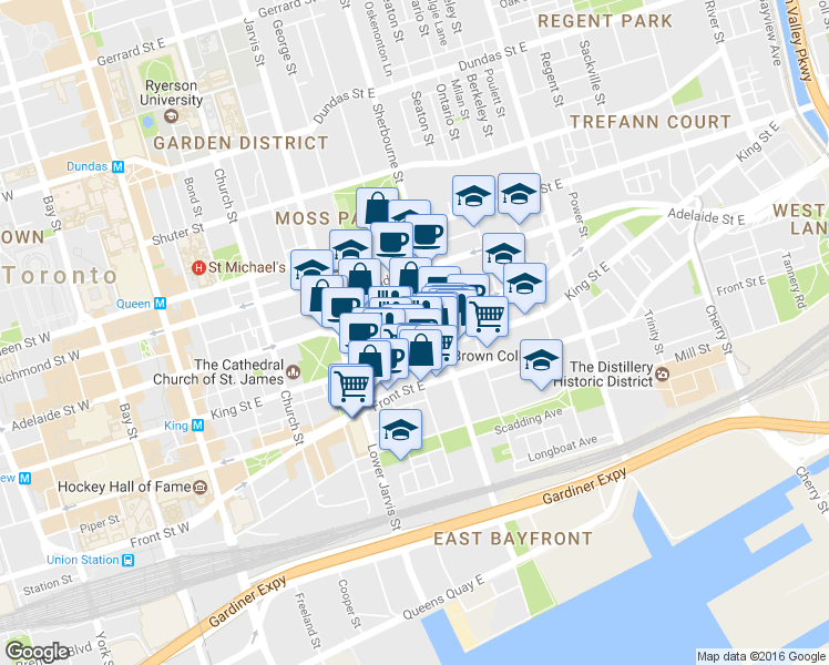 map of restaurants, bars, coffee shops, grocery stores, and more near in Toronto