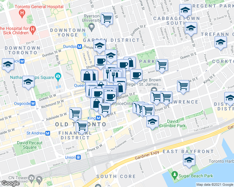 map of restaurants, bars, coffee shops, grocery stores, and more near in Toronto