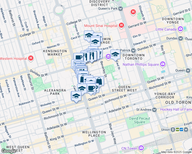 map of restaurants, bars, coffee shops, grocery stores, and more near in Toronto