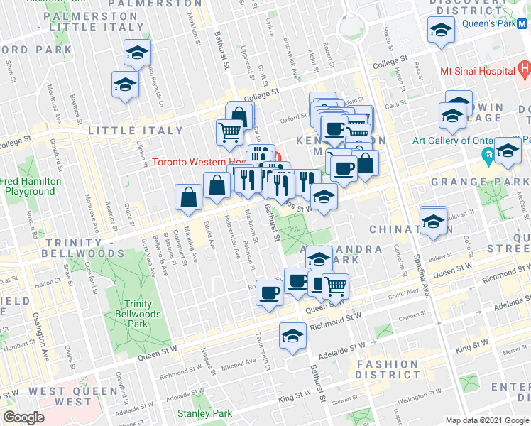 map of restaurants, bars, coffee shops, grocery stores, and more near in Toronto
