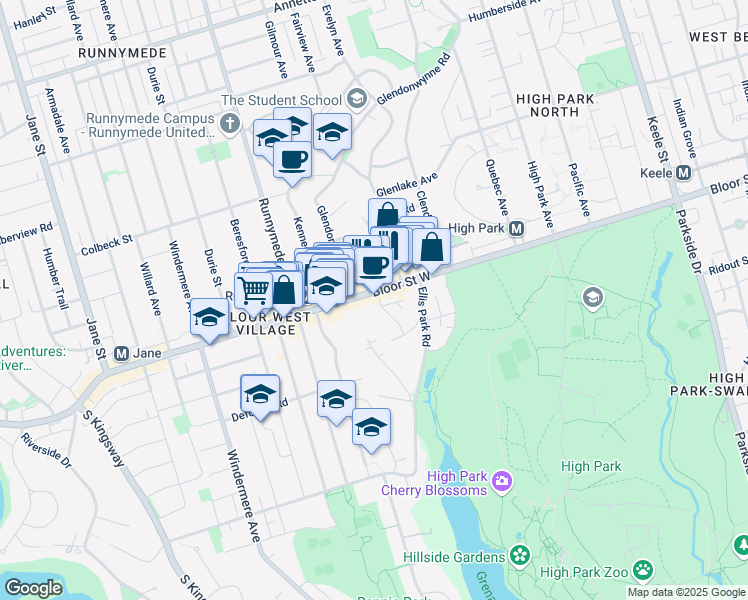 map of restaurants, bars, coffee shops, grocery stores, and more near 2122 Bloor Street West in Toronto