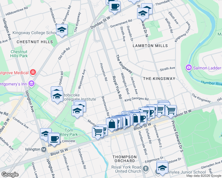 map of restaurants, bars, coffee shops, grocery stores, and more near in Toronto