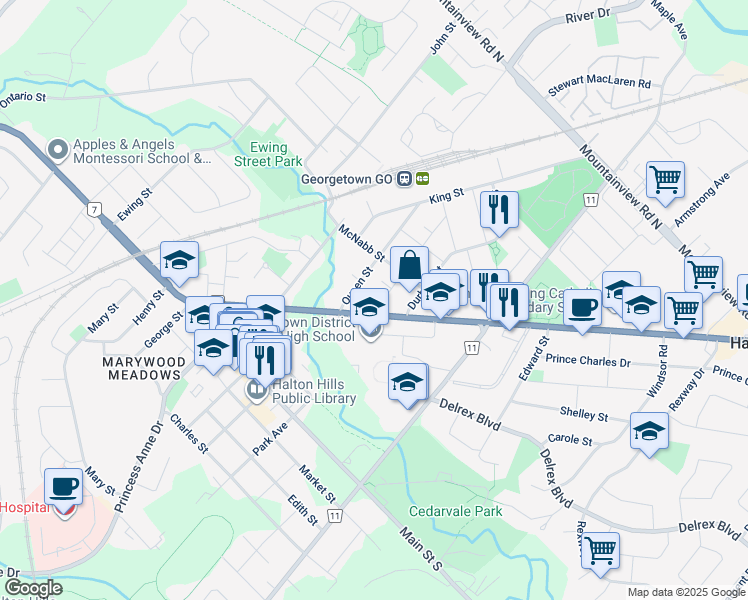 map of restaurants, bars, coffee shops, grocery stores, and more near 6 Albert Street in Halton Hills