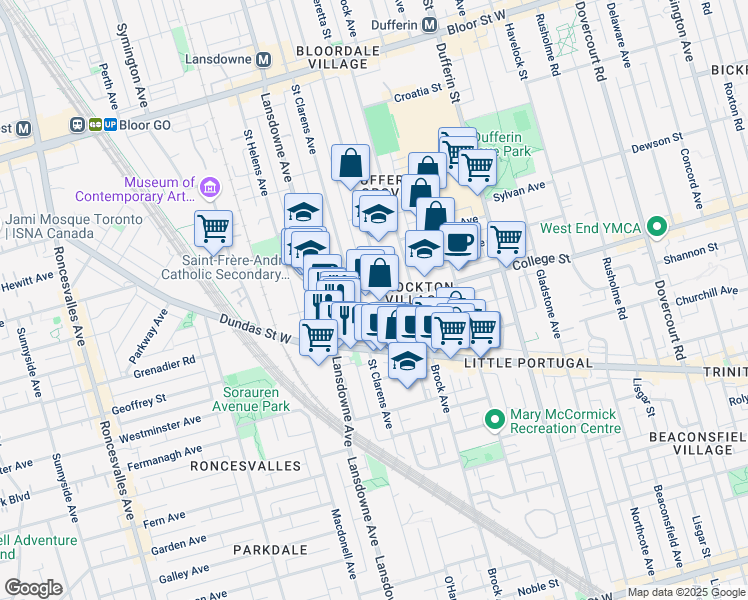 map of restaurants, bars, coffee shops, grocery stores, and more near 1242 College Street in Toronto
