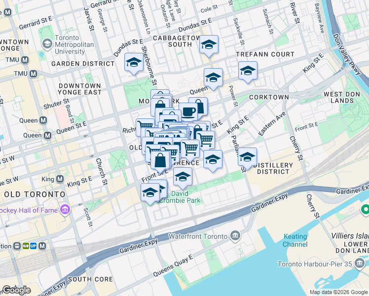 map of restaurants, bars, coffee shops, grocery stores, and more near 248 King Street East in Toronto