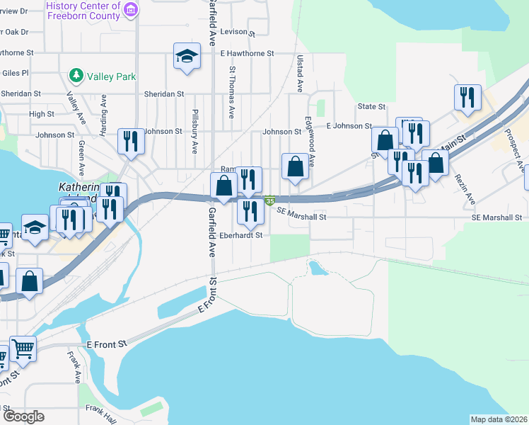map of restaurants, bars, coffee shops, grocery stores, and more near 1414 Southeast Marshall Street in Albert Lea