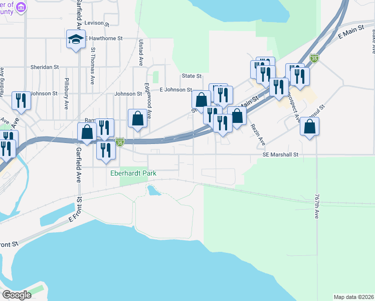map of restaurants, bars, coffee shops, grocery stores, and more near 1805 Southeast Marshall Street in Albert Lea