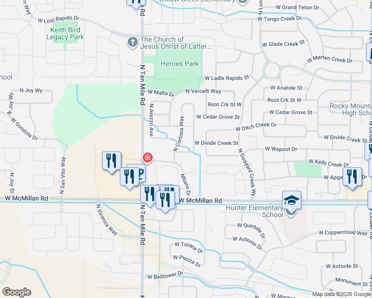 map of restaurants, bars, coffee shops, grocery stores, and more near 2894 West Wapoot Street in Meridian