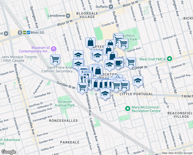 map of restaurants, bars, coffee shops, grocery stores, and more near 1242 College Street in Toronto