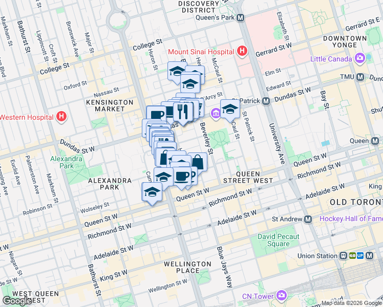 map of restaurants, bars, coffee shops, grocery stores, and more near 24 Sullivan Street in Toronto