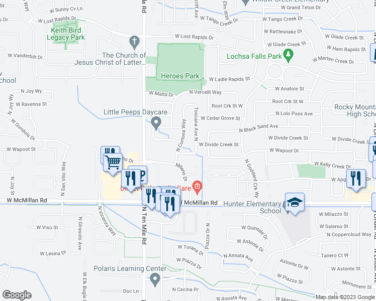 map of restaurants, bars, coffee shops, grocery stores, and more near 2894 West Wapoot Street in Meridian