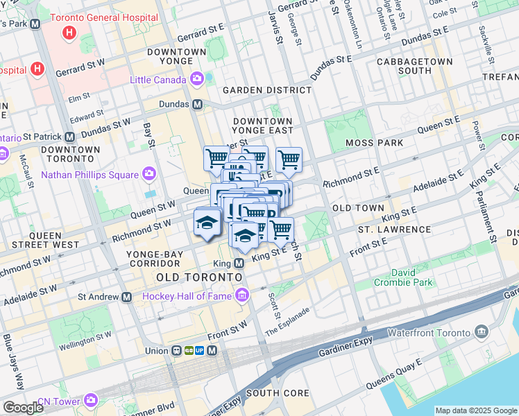 map of restaurants, bars, coffee shops, grocery stores, and more near 26 Lombard Street in Toronto