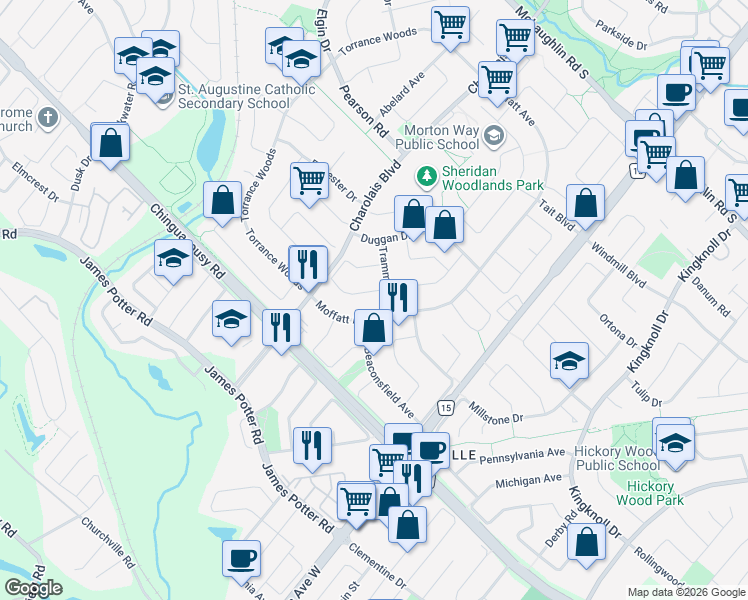 map of restaurants, bars, coffee shops, grocery stores, and more near 13 Wooliston Crescent in Brampton