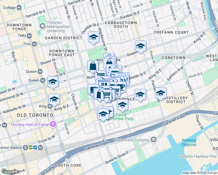map of restaurants, bars, coffee shops, grocery stores, and more near 197 King Street East in Toronto