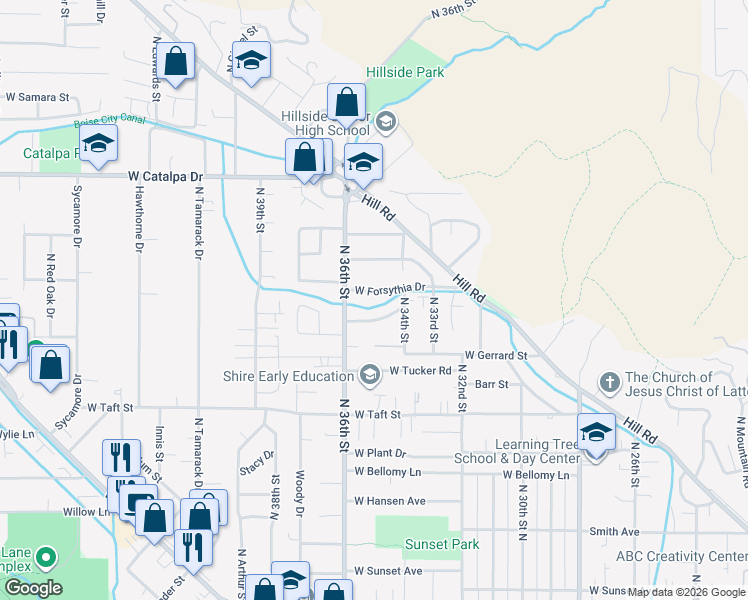 map of restaurants, bars, coffee shops, grocery stores, and more near 3503 West Forsythia Drive in Boise