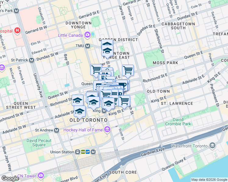 map of restaurants, bars, coffee shops, grocery stores, and more near 22 Lombard Street in Toronto