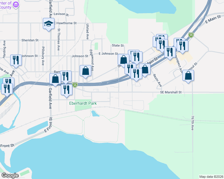 map of restaurants, bars, coffee shops, grocery stores, and more near 1805 Southeast Marshall Street in Albert Lea