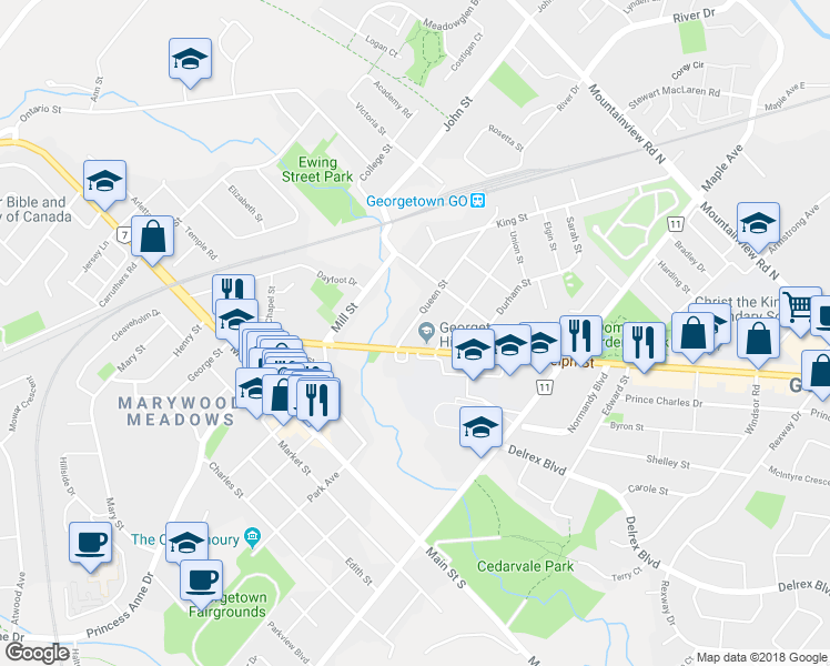 map of restaurants, bars, coffee shops, grocery stores, and more near 8 Queen Street in Halton Hills