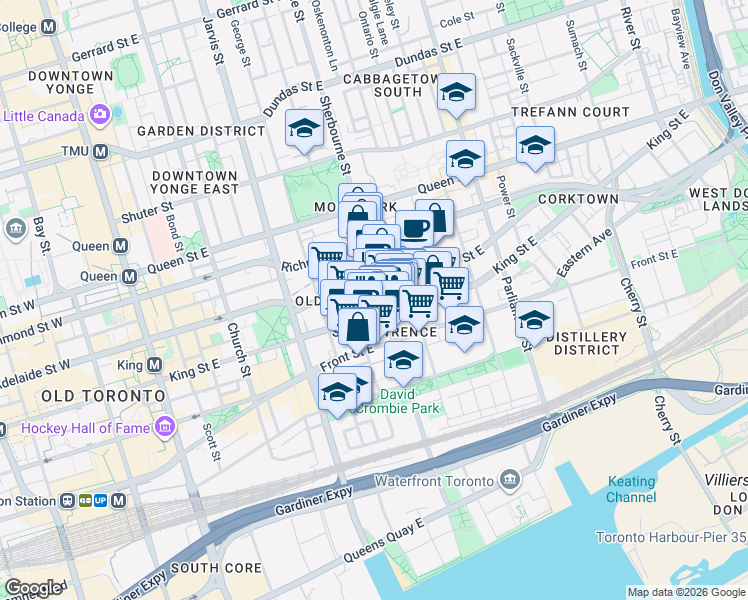 map of restaurants, bars, coffee shops, grocery stores, and more near 333 Adelaide Street East in Toronto