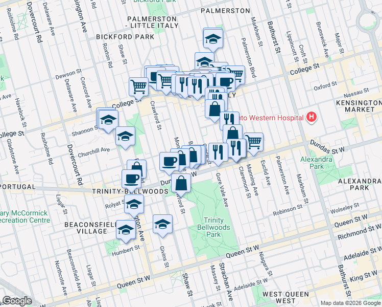 map of restaurants, bars, coffee shops, grocery stores, and more near 32 Beatrice Street in Toronto