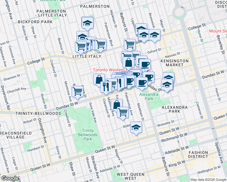 map of restaurants, bars, coffee shops, grocery stores, and more near 842 Dundas Street West in Toronto
