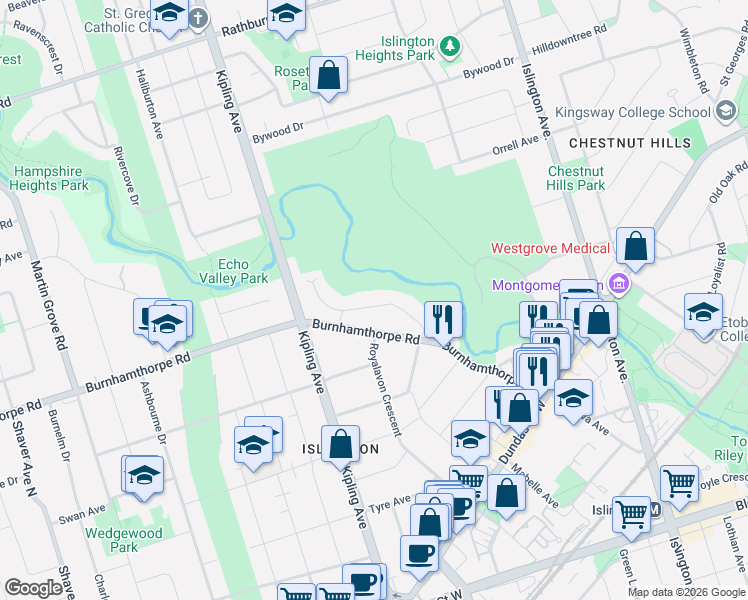 map of restaurants, bars, coffee shops, grocery stores, and more near 31 Burnhamthorpe Park Boulevard in Toronto