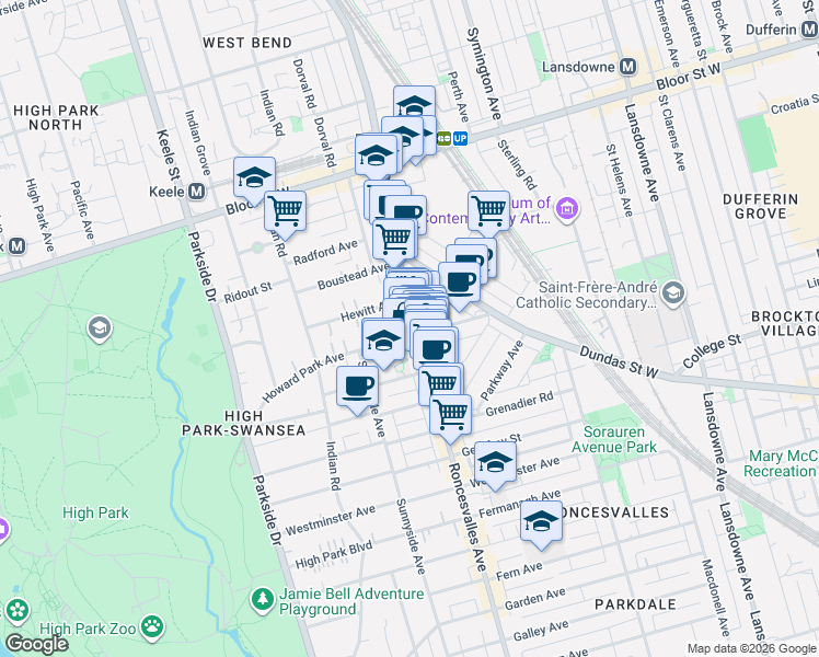 map of restaurants, bars, coffee shops, grocery stores, and more near 414 Roncesvalles Avenue in Toronto