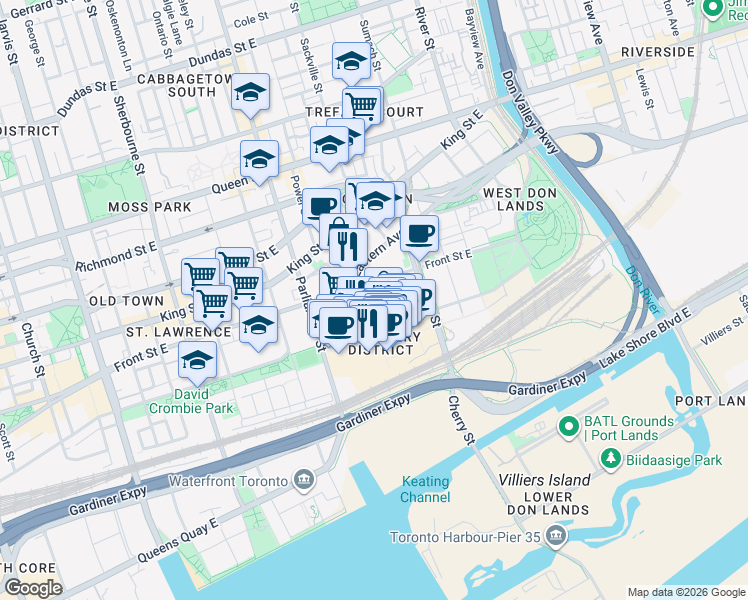 map of restaurants, bars, coffee shops, grocery stores, and more near 65 Trinity Street in Toronto