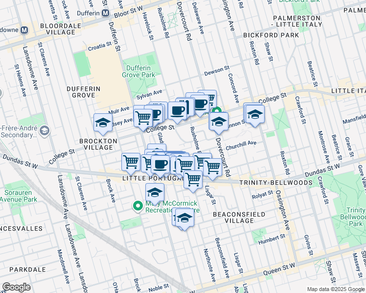 map of restaurants, bars, coffee shops, grocery stores, and more near 21 Rusholme Park Crescent in Toronto