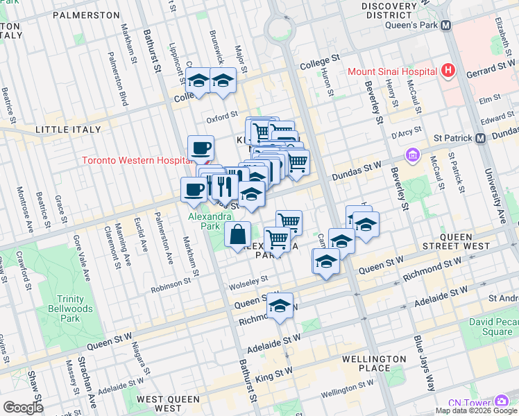 map of restaurants, bars, coffee shops, grocery stores, and more near 115 Denison Avenue in Toronto