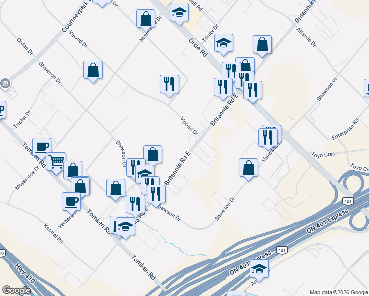 map of restaurants, bars, coffee shops, grocery stores, and more near 1261 Britannia Road East in Mississauga