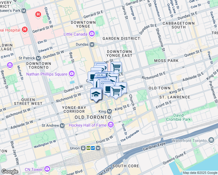 map of restaurants, bars, coffee shops, grocery stores, and more near 151 Yonge Street in Toronto