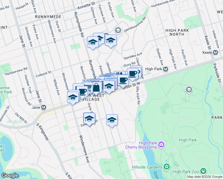 map of restaurants, bars, coffee shops, grocery stores, and more near 2184 Bloor Street West in Toronto