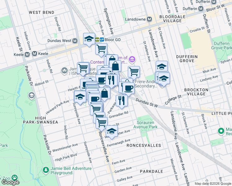 map of restaurants, bars, coffee shops, grocery stores, and more near 2043 Dundas Street West in Toronto