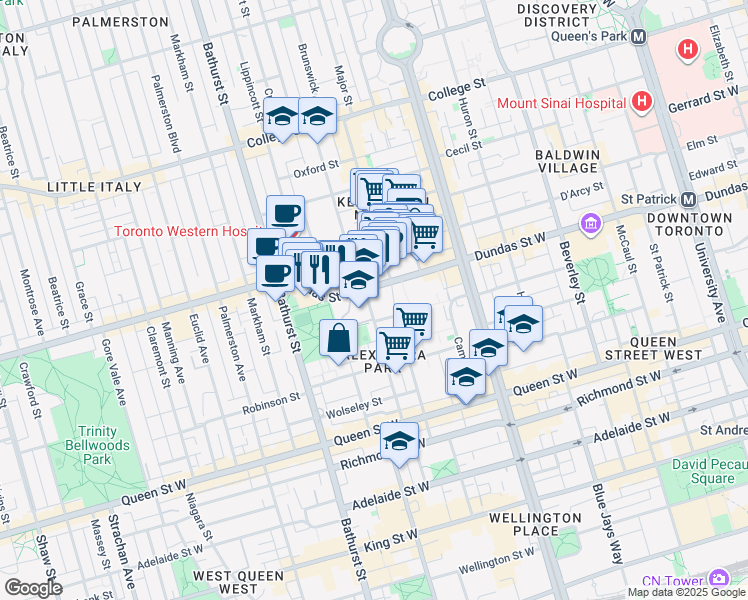 map of restaurants, bars, coffee shops, grocery stores, and more near 115 Denison Avenue in Toronto