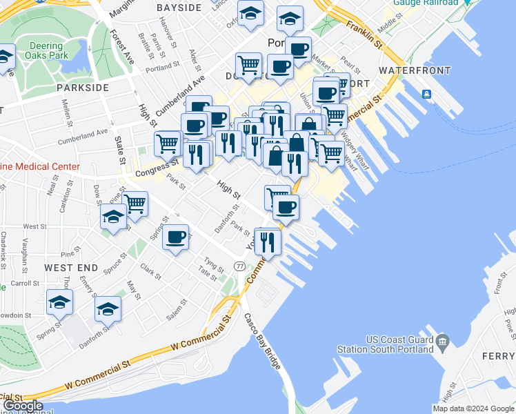 map of restaurants, bars, coffee shops, grocery stores, and more near 31 High Street in Portland