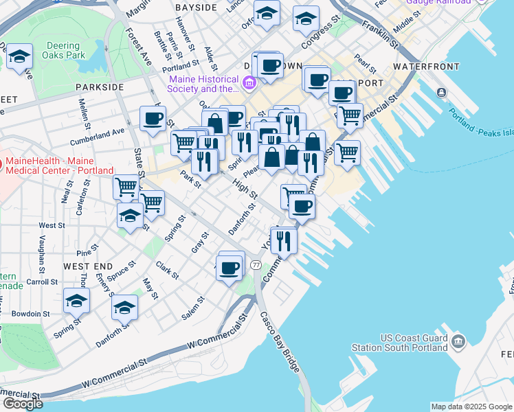 map of restaurants, bars, coffee shops, grocery stores, and more near 96 Danforth Street in Portland