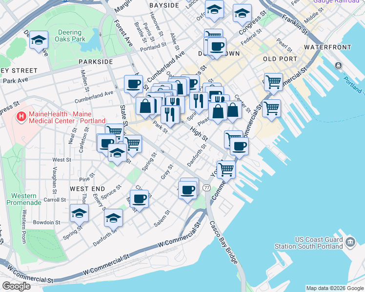 map of restaurants, bars, coffee shops, grocery stores, and more near 74 Park Street in Portland