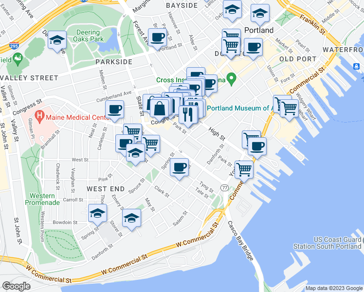 map of restaurants, bars, coffee shops, grocery stores, and more near 99 State Street in Portland