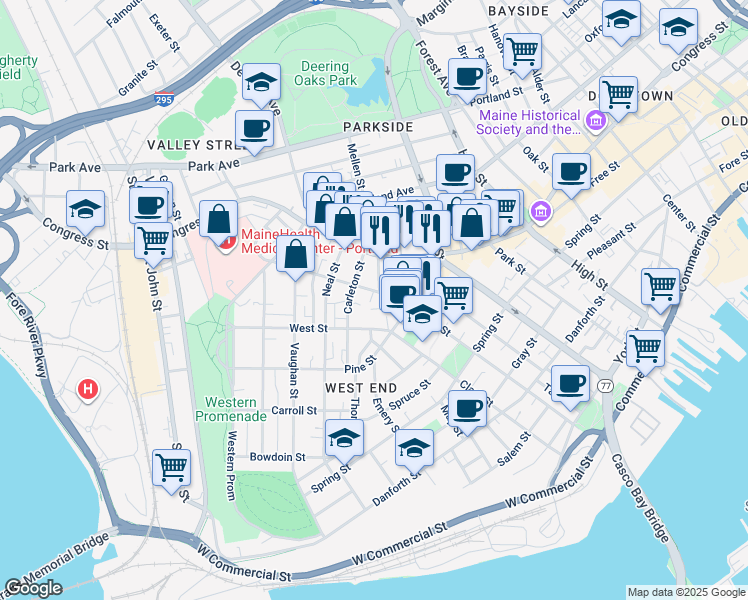 map of restaurants, bars, coffee shops, grocery stores, and more near 43 Carleton Street in Portland